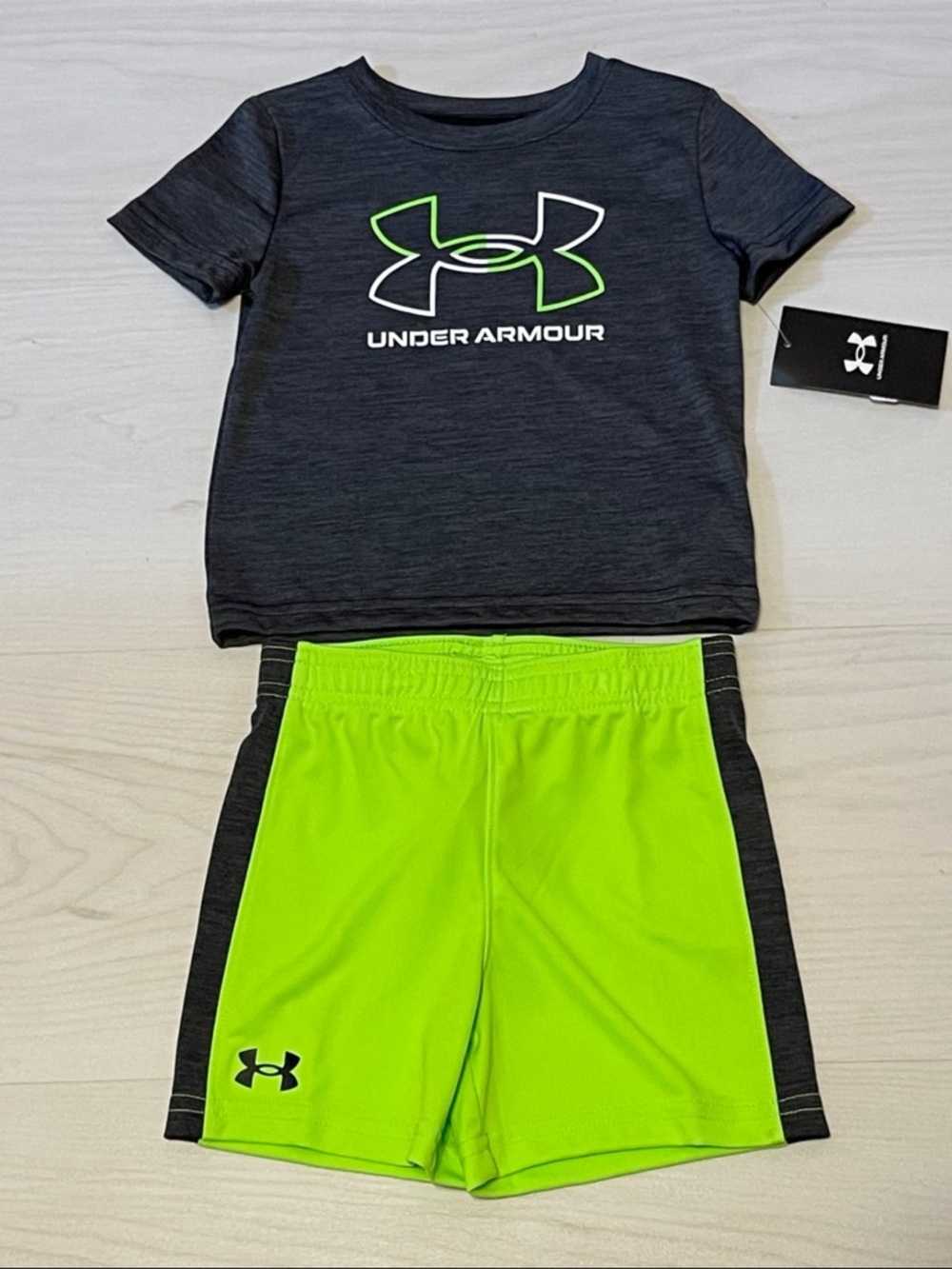 Under Armour Boys Black Heather Tee with Neon Green Shorts
